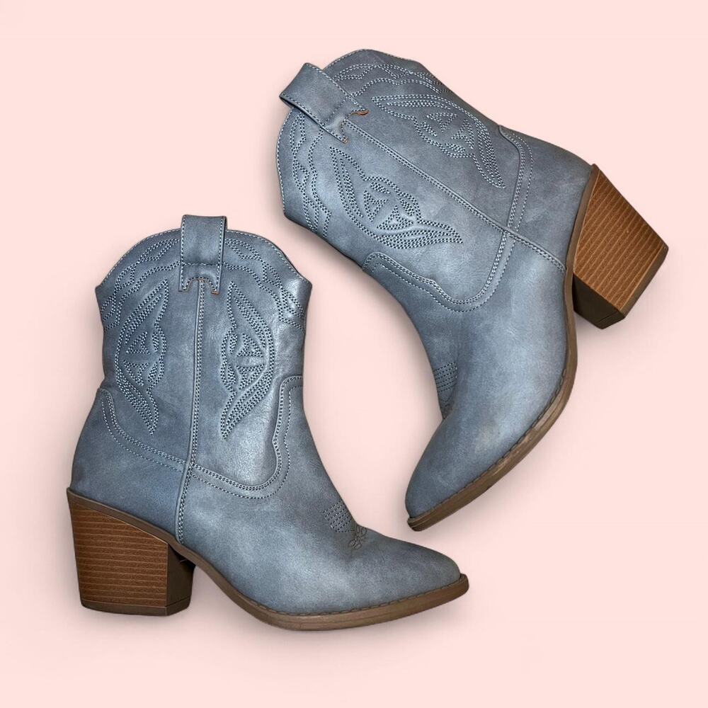 Blue faux suede western ankle boots